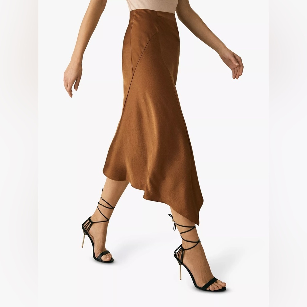REISS Aspen Satin Slip Skirt in Cinnamon Brown Size 10